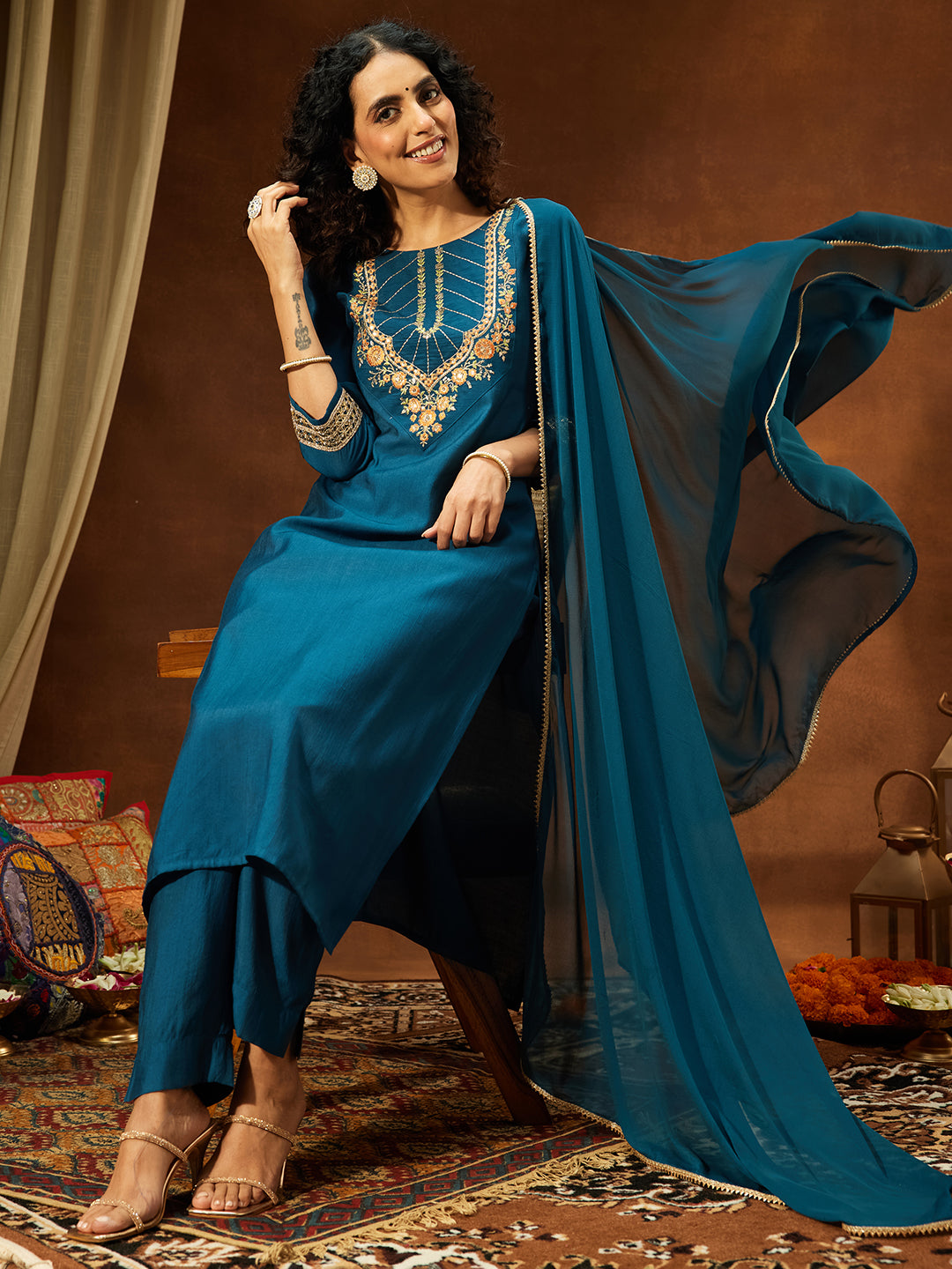 Janasya Women's Teal Blue Silk Blend Yoke Embroidered Straight Kurta Set - qivii