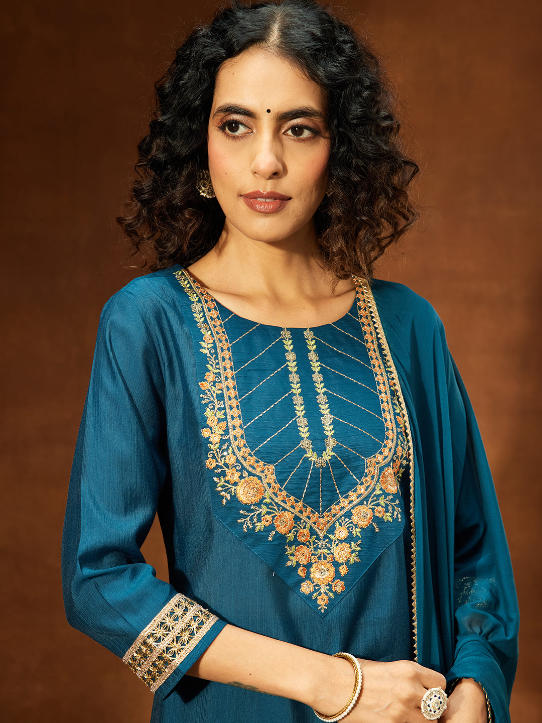 Janasya Women's Teal Blue Silk Blend Yoke Embroidered Straight Kurta Set - qivii