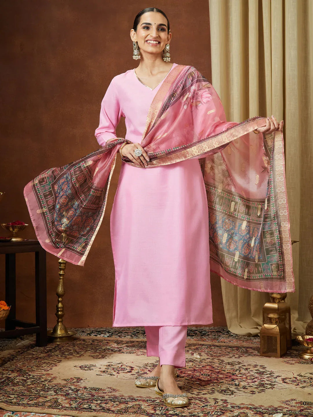 Janasya Women's Light Pink Cotton Blend Yoke Design Straight Kurta Set With Printed Dupatta
