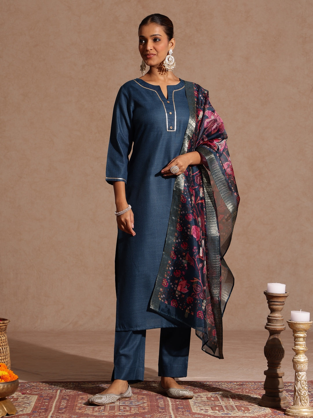 Janasya Women's Teal Blue Cotton Blend Yoke Design Straight Kurta Set With Printed Dupatta - qivii