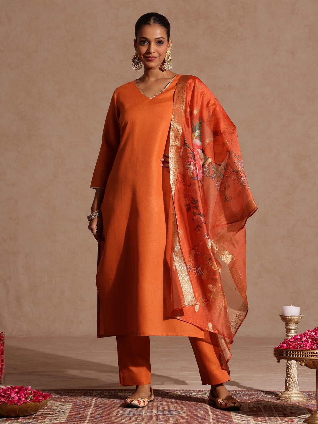 Janasya Women's Orange Cotton Blend Yoke Design Straight Kurta Set With Printed Dupatta - qivii
