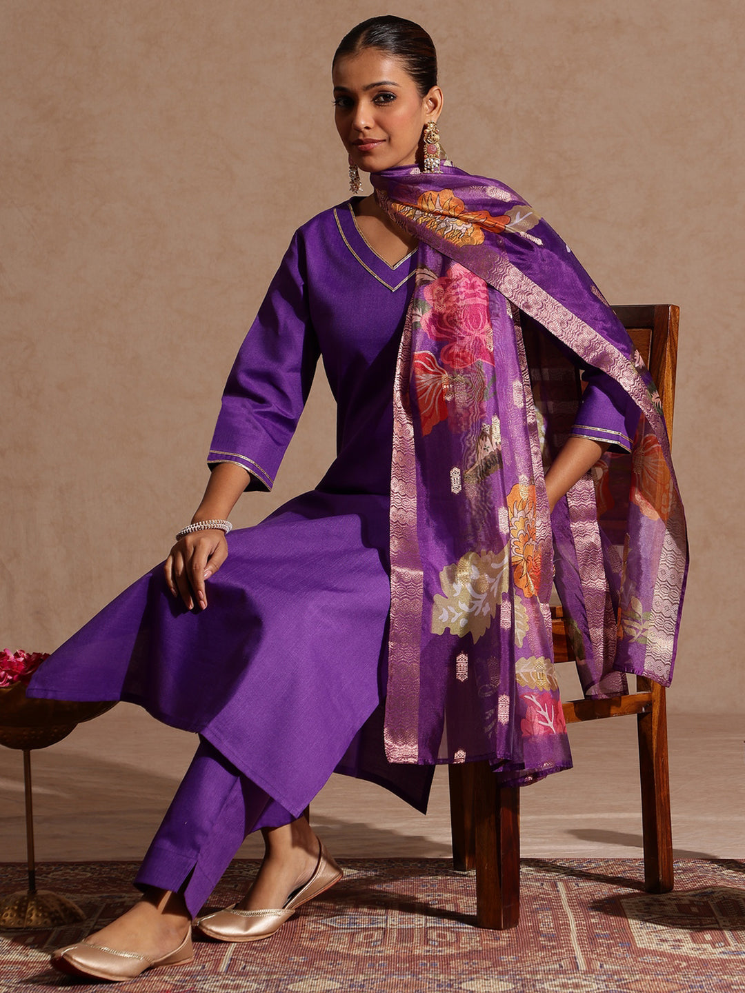 Janasya Women's Purple Cotton Blend Yoke Design Straight Kurta Set With Printed Jacquard Dupatta - qivii
