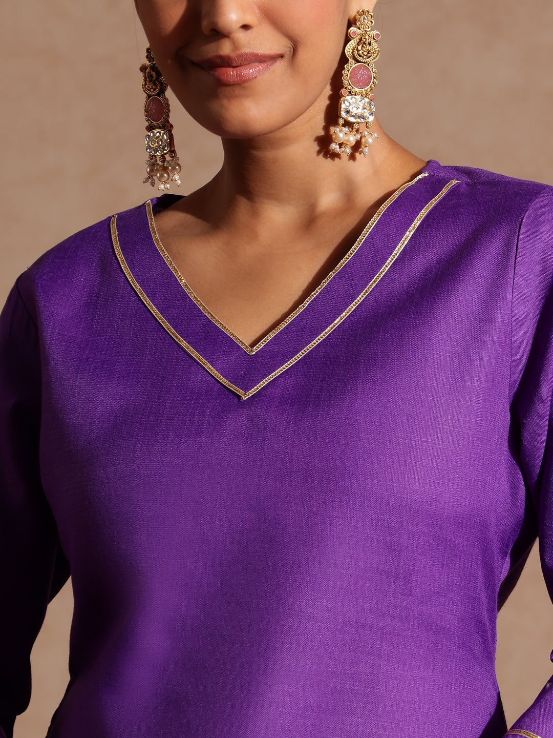 Janasya Women's Purple Cotton Blend Yoke Design Straight Kurta Set With Printed Jacquard Dupatta - qivii