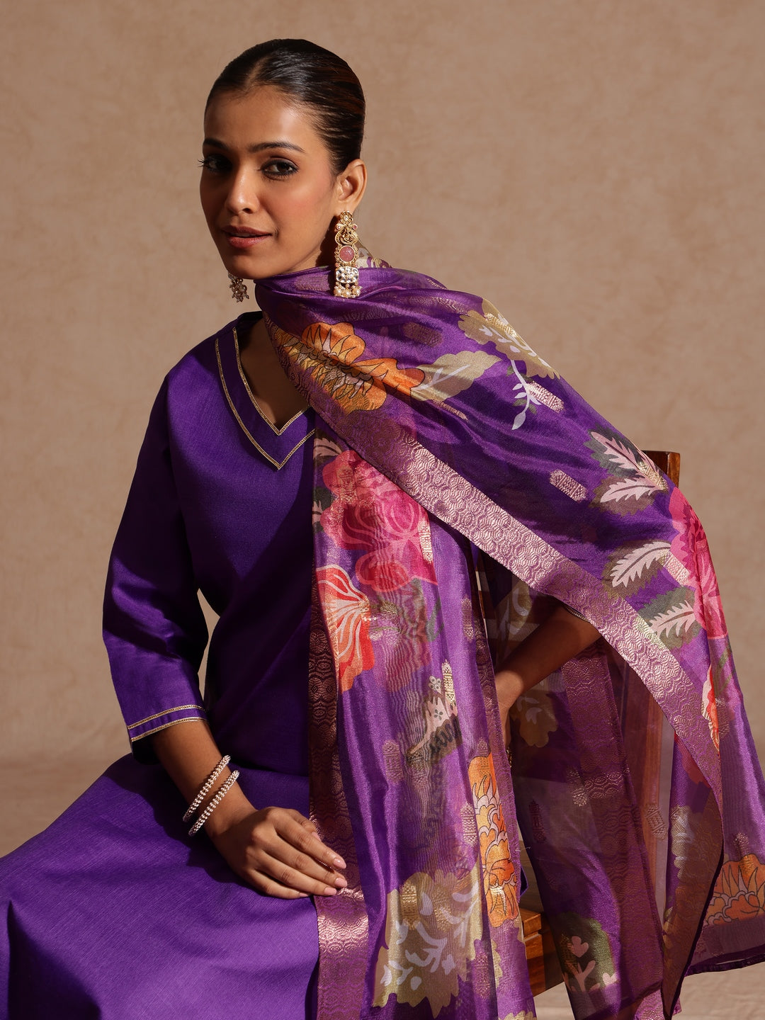 Janasya Women's Purple Cotton Blend Yoke Design Straight Kurta Set With Printed Jacquard Dupatta - qivii