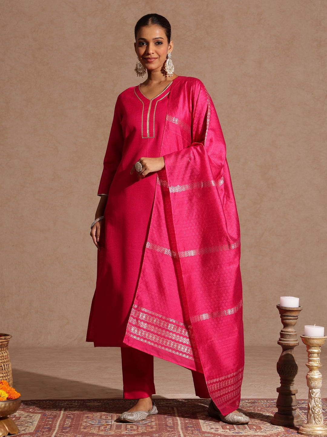 Janasya Women's Pink Cotton Blend Yoke Design Straight Kurta Set - qivii