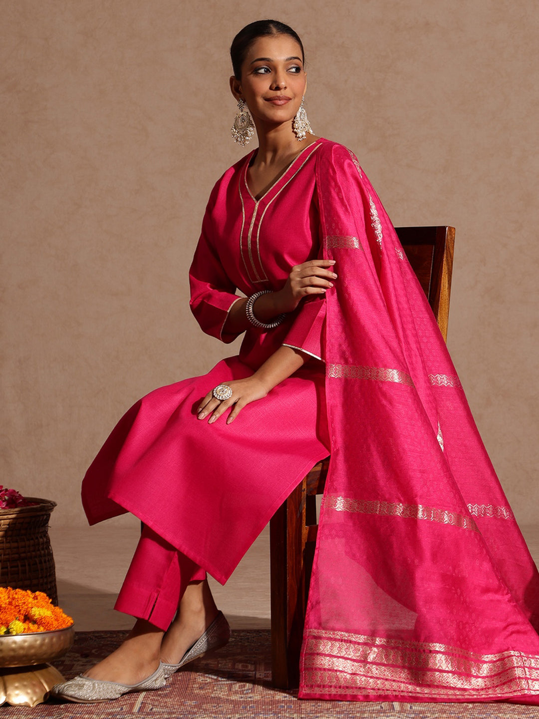 Janasya Women's Pink Cotton Blend Yoke Design Straight Kurta Set - qivii