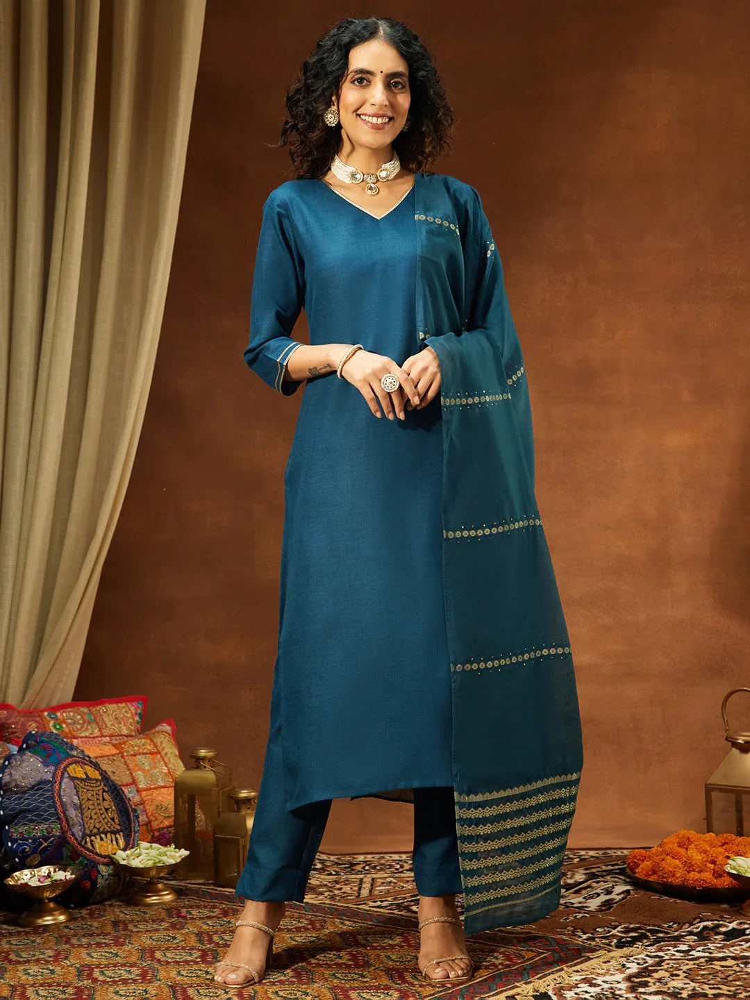 Janasya Women's Teal Blue Cotton Blend Yoke Design Straight Kurta Set