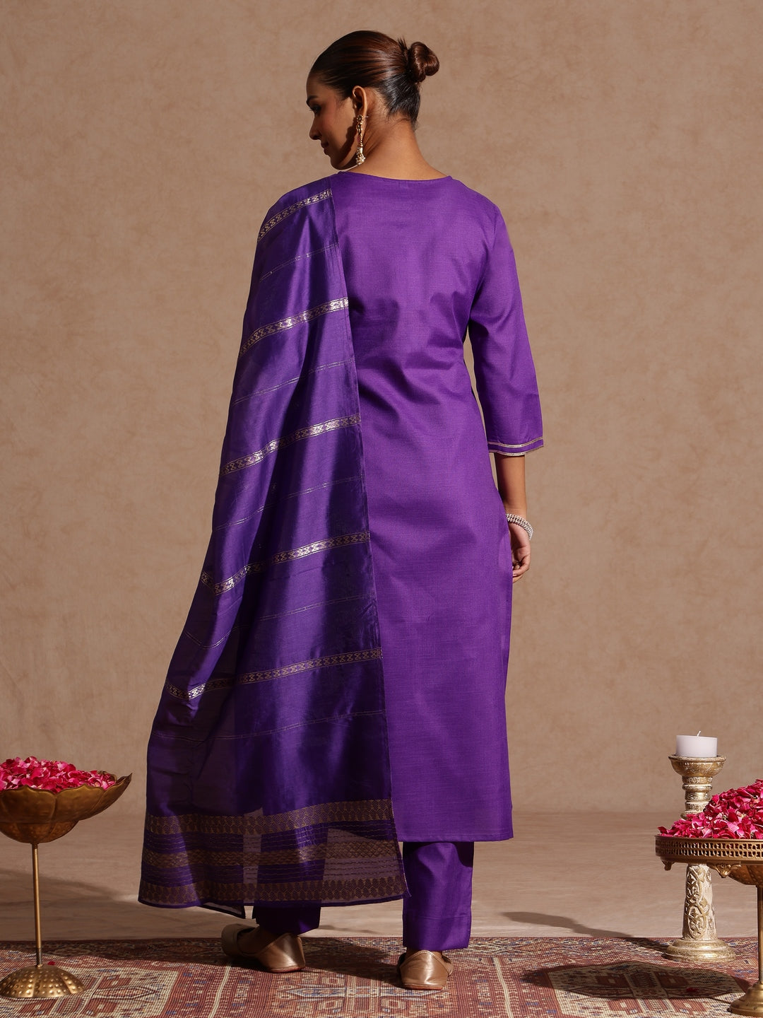 Janasya Women's Purple Cotton Blend Yoke Design Straight Kurta Set - qivii
