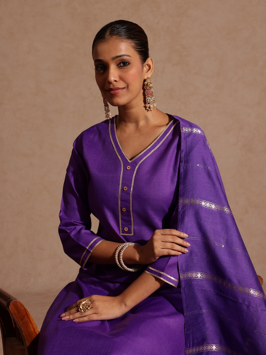 Janasya Women's Purple Cotton Blend Yoke Design Straight Kurta Set - qivii