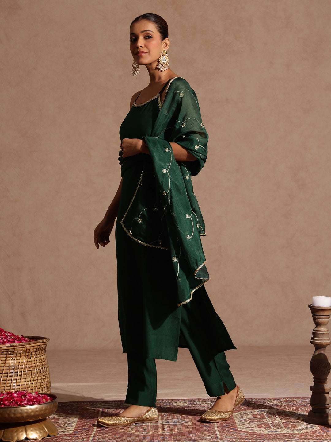 Janasya Women's Bottle Green Silk Blend Embellished Straight Kurta Set - qivii