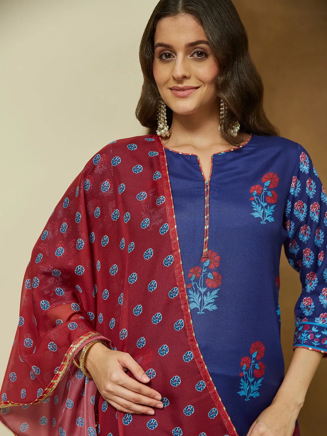 Janasya Women's Purple Cotton Blend Printed Straight Kurta Set