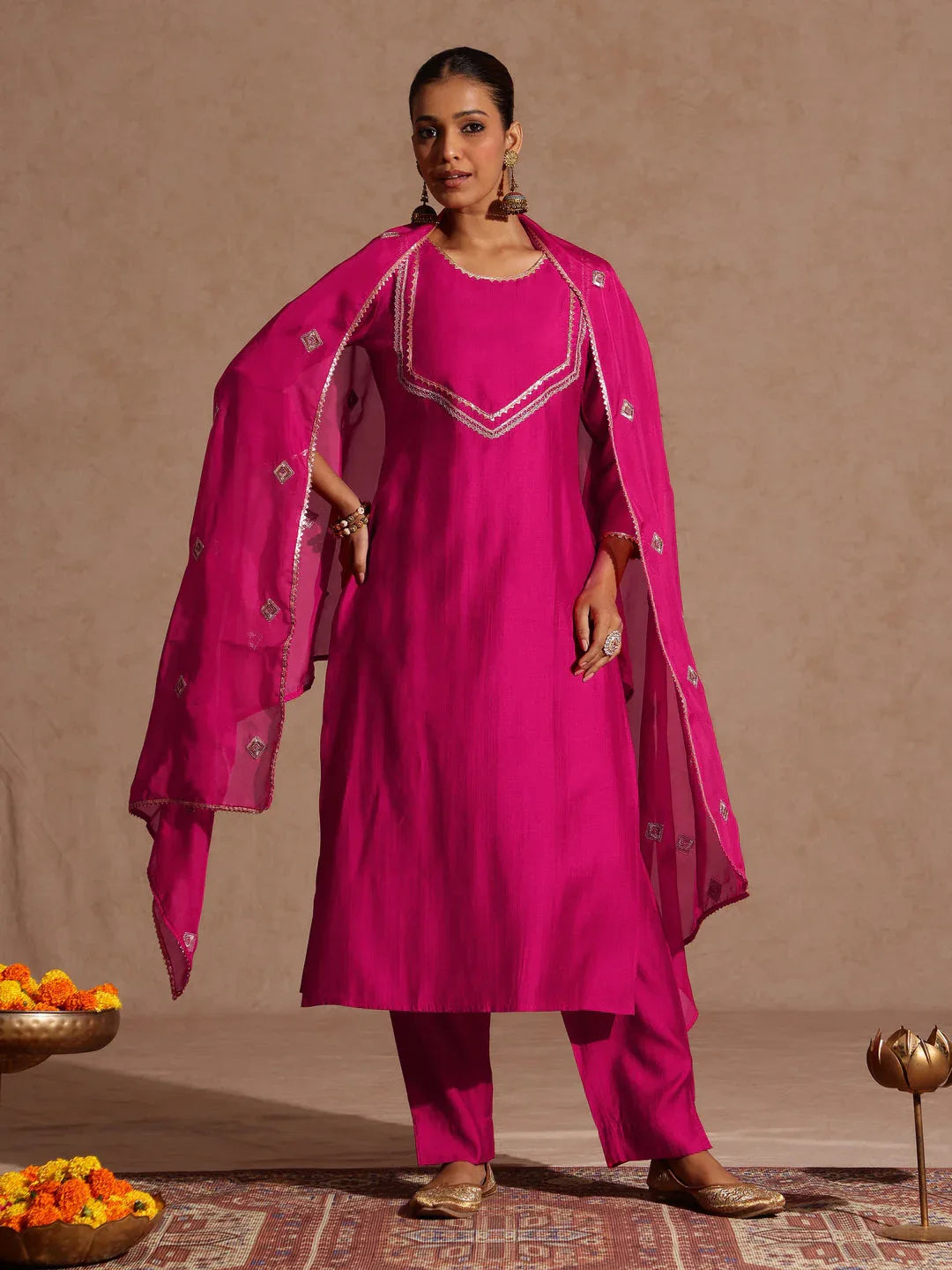 Janasya Women's Pink Silk Blend Embellished Yoke Design Straight Kurta Set