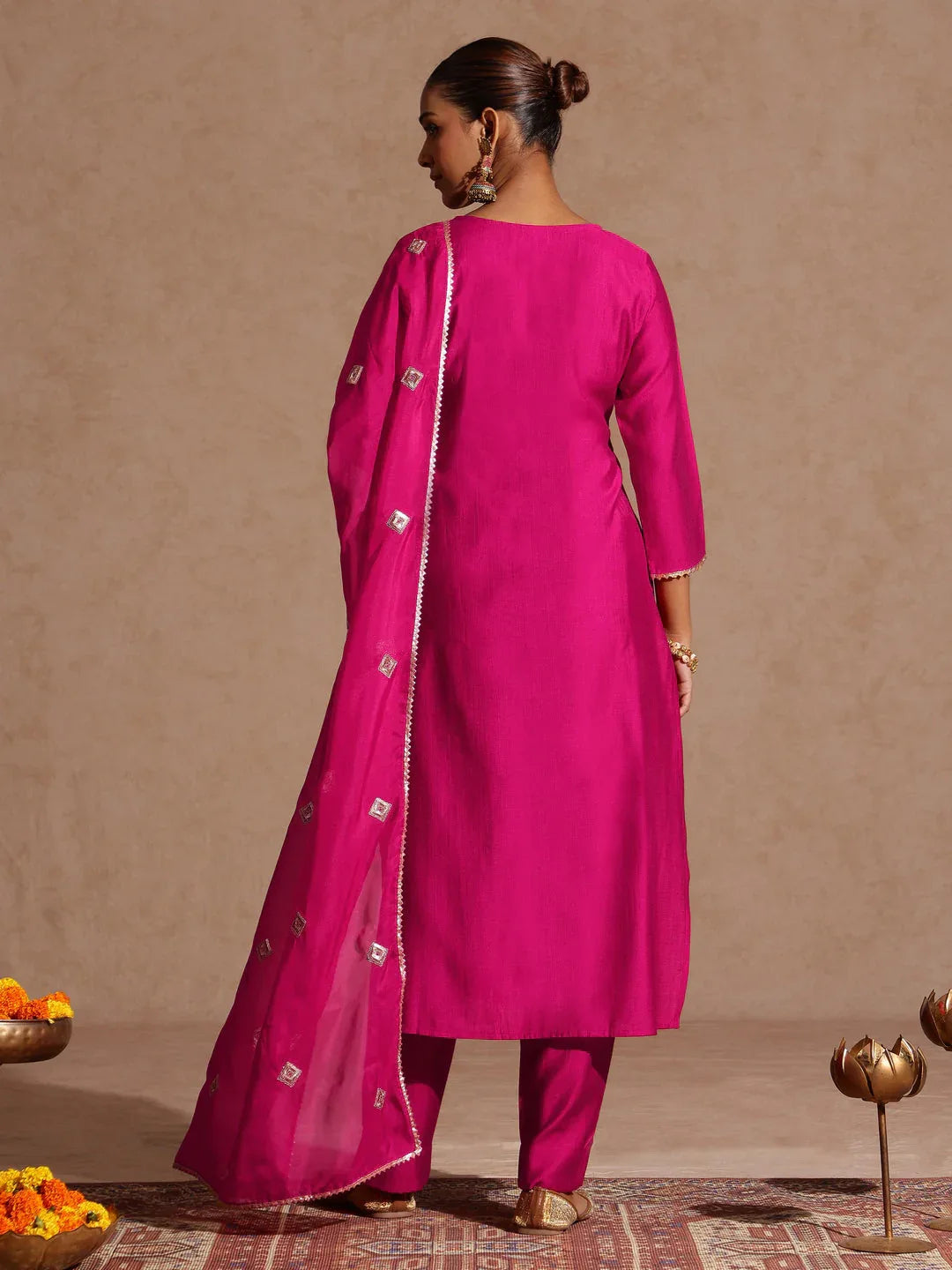 Janasya Women's Pink Silk Blend Embellished Yoke Design Straight Kurta Set