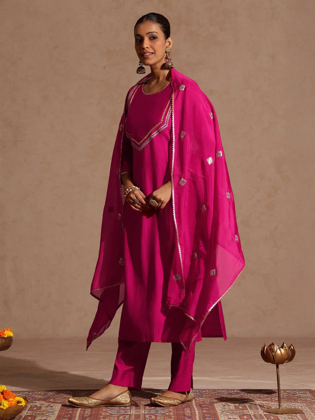Janasya Women's Pink Silk Blend Embellished Yoke Design Straight Kurta Set