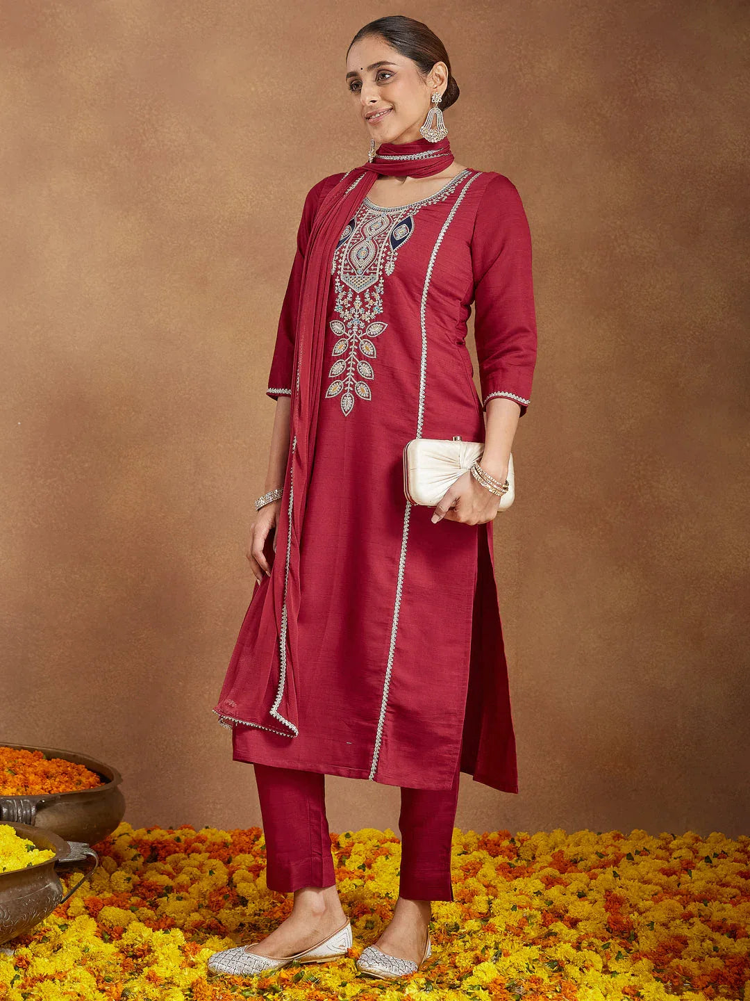 Janasya Women's Maroon Silk Blend Embroidered Straight Kurta Set