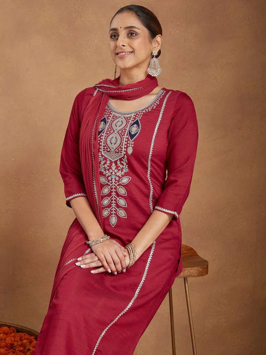 Janasya Women's Maroon Silk Blend Embroidered Straight Kurta Set