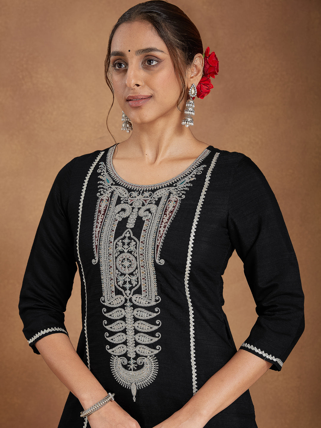 Janasya Women's Black Silk Blend Embroidered Straight Kurta Set - qivii