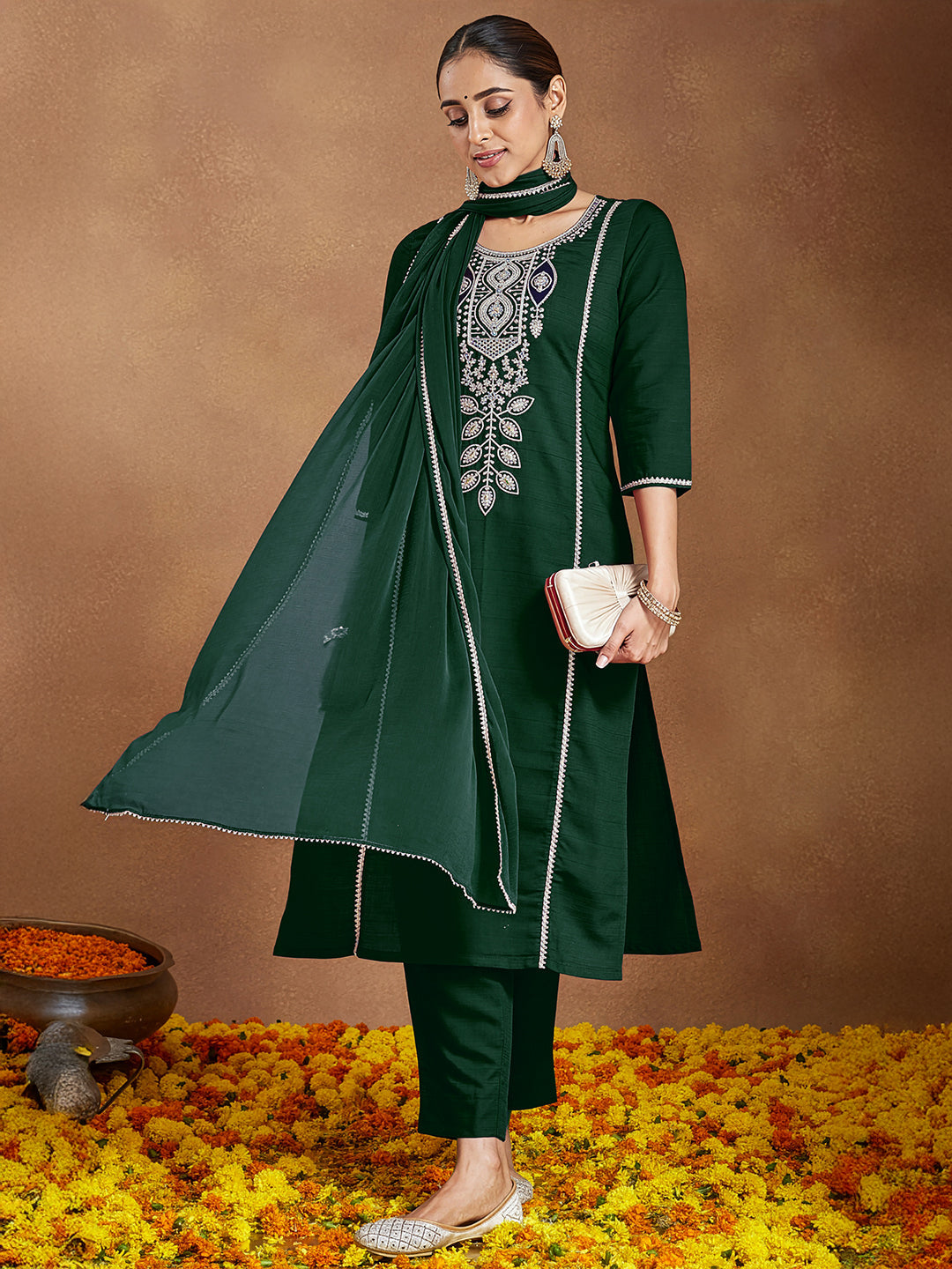 Janasya Women's Bottle Green Silk Blend Embroidered Straight Kurta Set