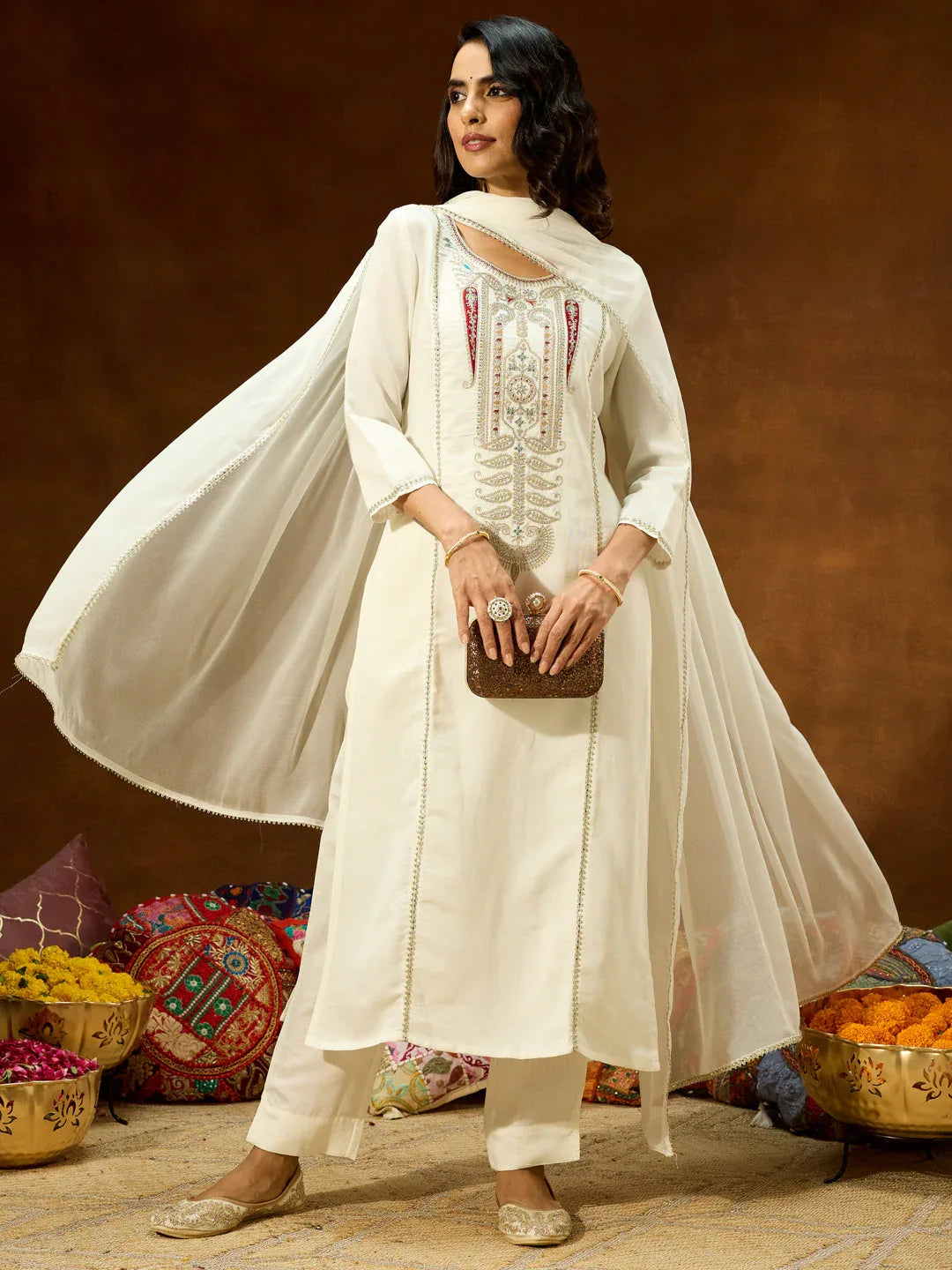 Janasya Women's White Silk Blend Embroidered Straight Kurta Set