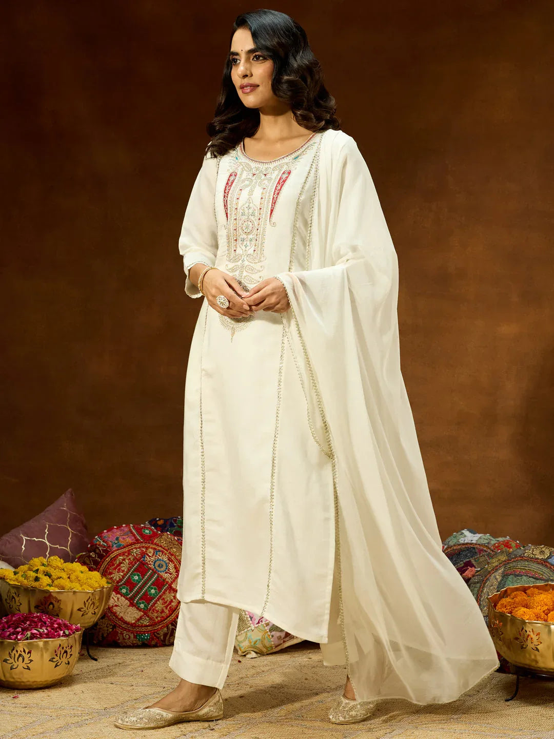 Janasya Women's White Silk Blend Embroidered Straight Kurta Set