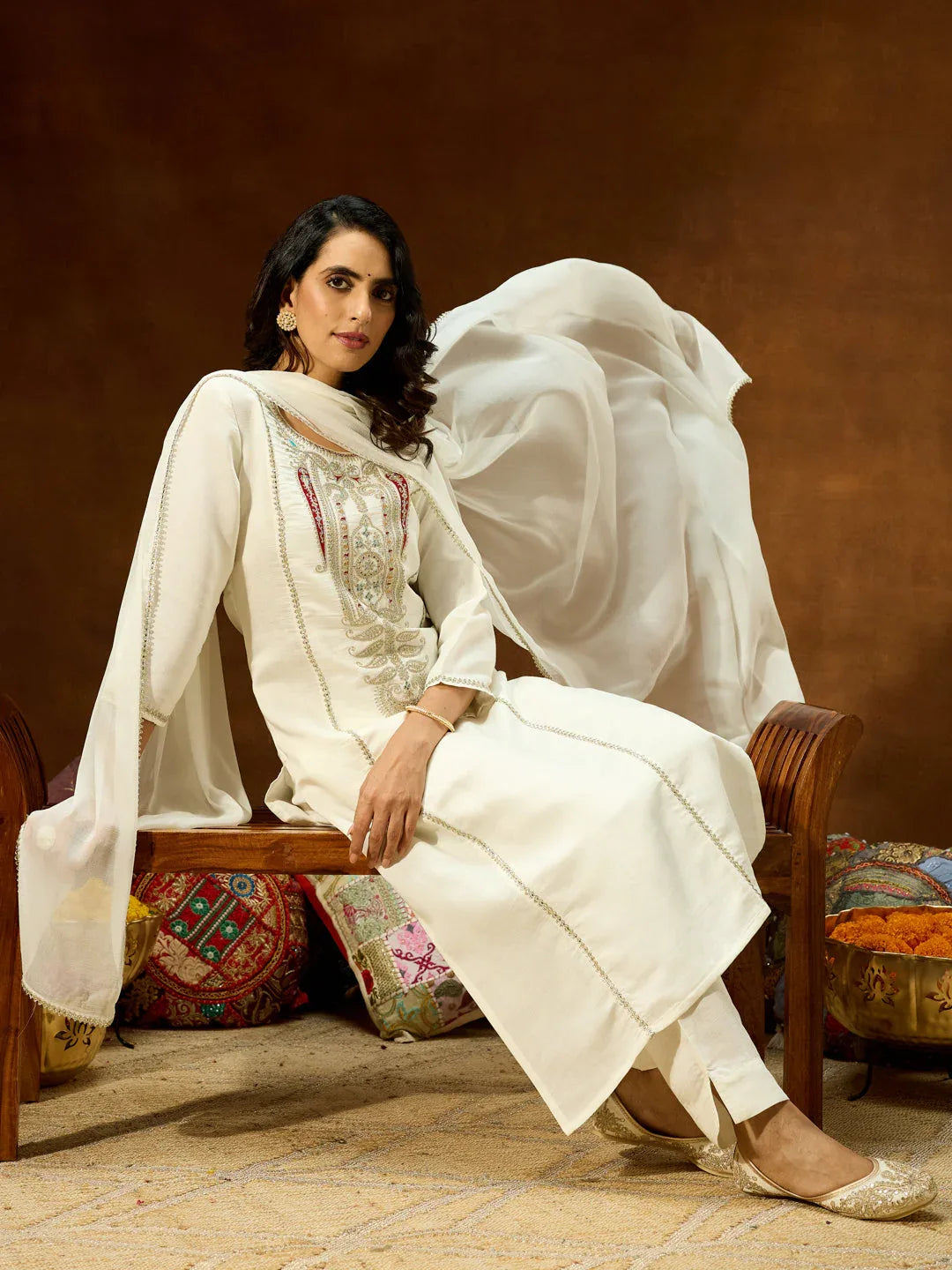 Janasya Women's White Silk Blend Embroidered Straight Kurta Set