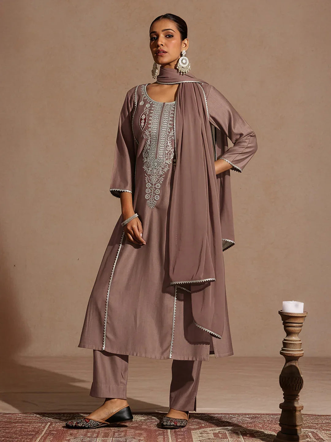 Janasya Women's Brown Silk Blend Embroidered Straight Kurta Set