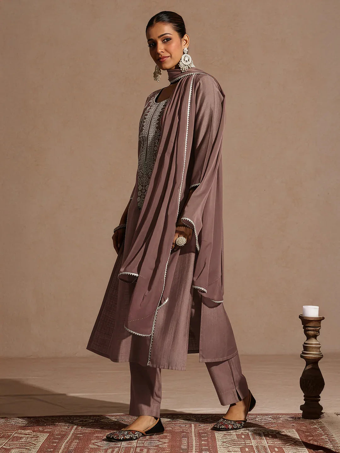 Janasya Women's Brown Silk Blend Embroidered Straight Kurta Set