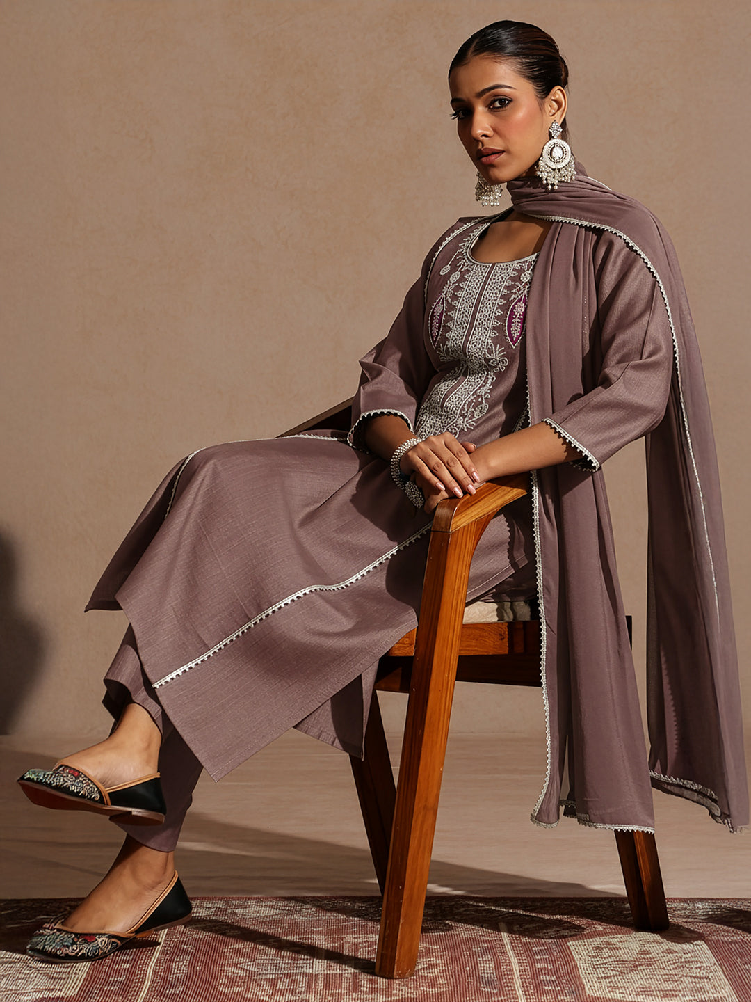 Janasya Women's Brown Silk Blend Embroidered Straight Kurta Set