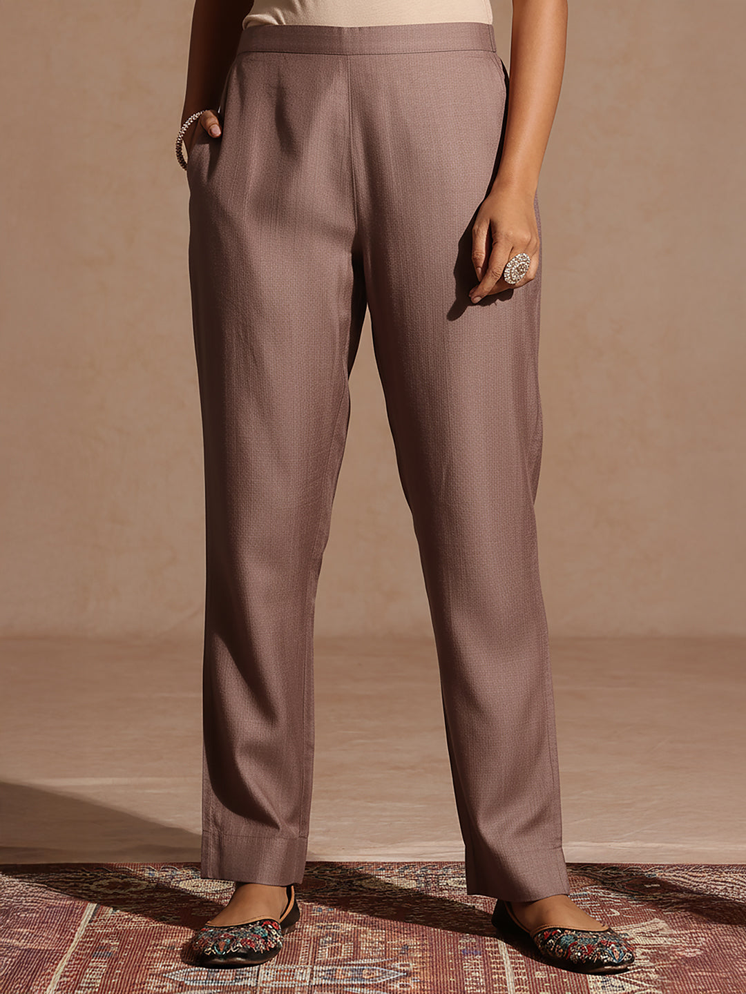 Janasya Women's Brown Silk Blend Embroidered Straight Kurta Set