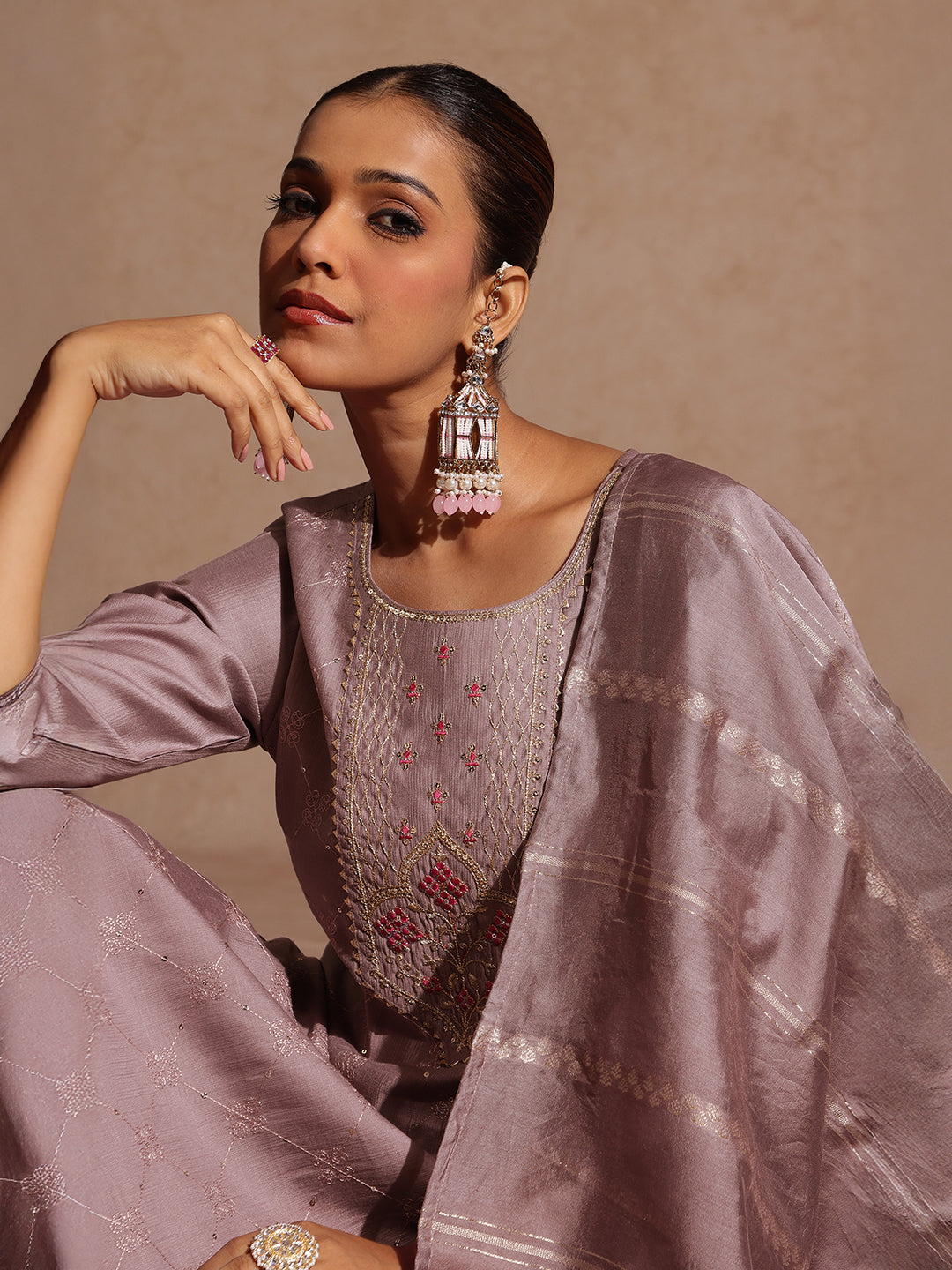 Janasya Women's Brown Silk Blend Embellished Straight Kurta Set - qivii