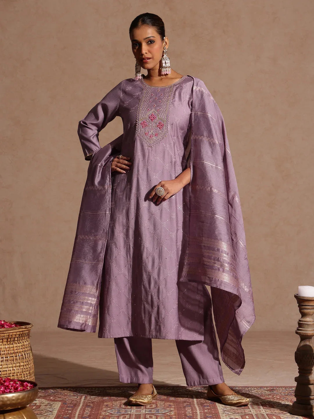 Janasya Women's Lavender Silk Blend Embellished Straight Kurta Set
