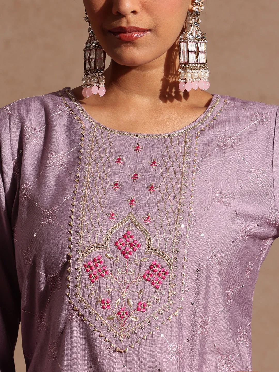 Janasya Women's Lavender Silk Blend Embellished Straight Kurta Set