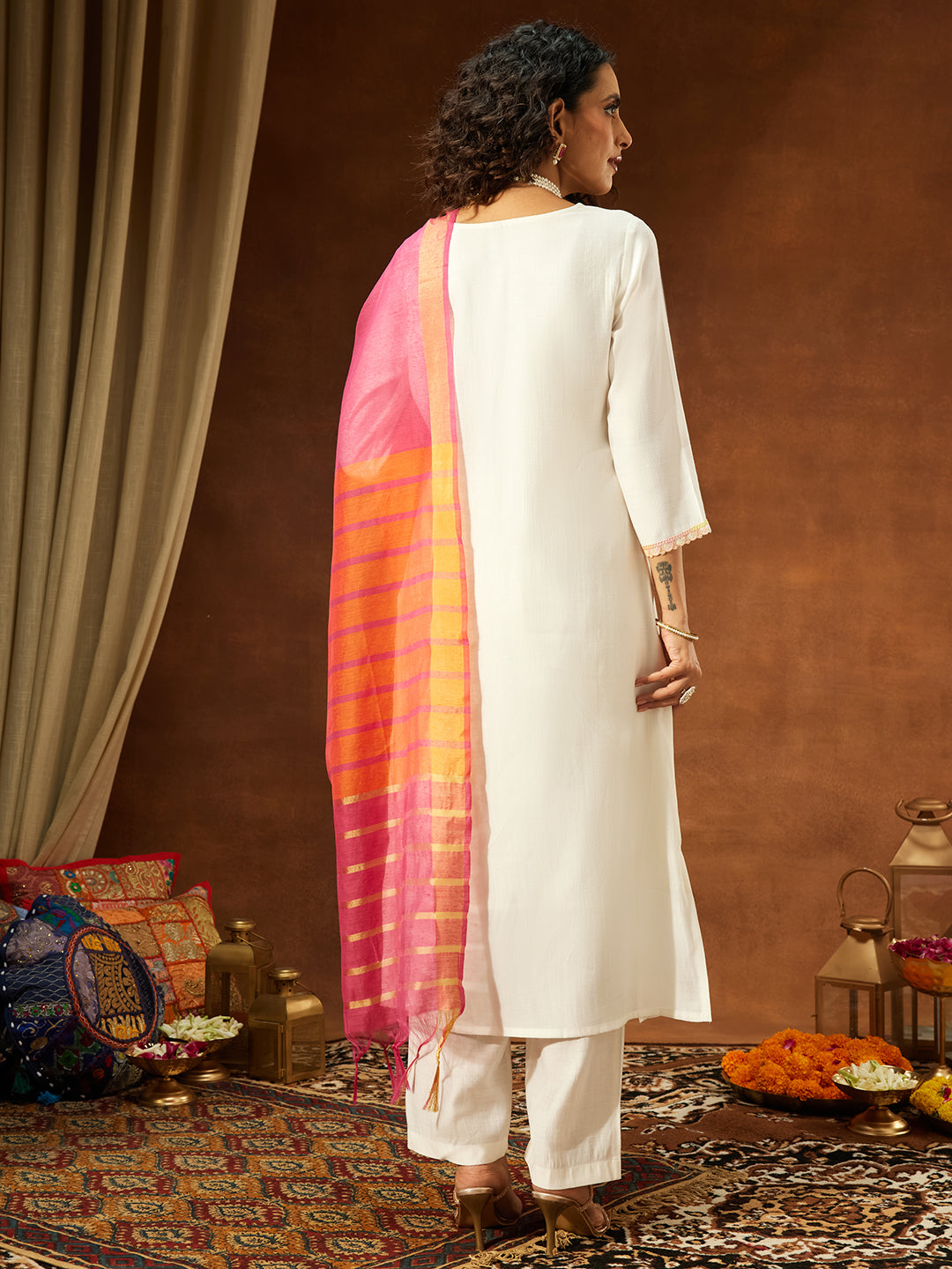 Janasya Women's Off White Silk Blend Embellished Straight Kurta Set