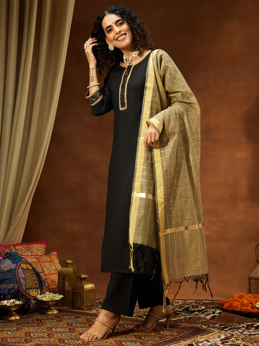 Janasya Women's Black Silk Blend Embellished Straight Kurta Set