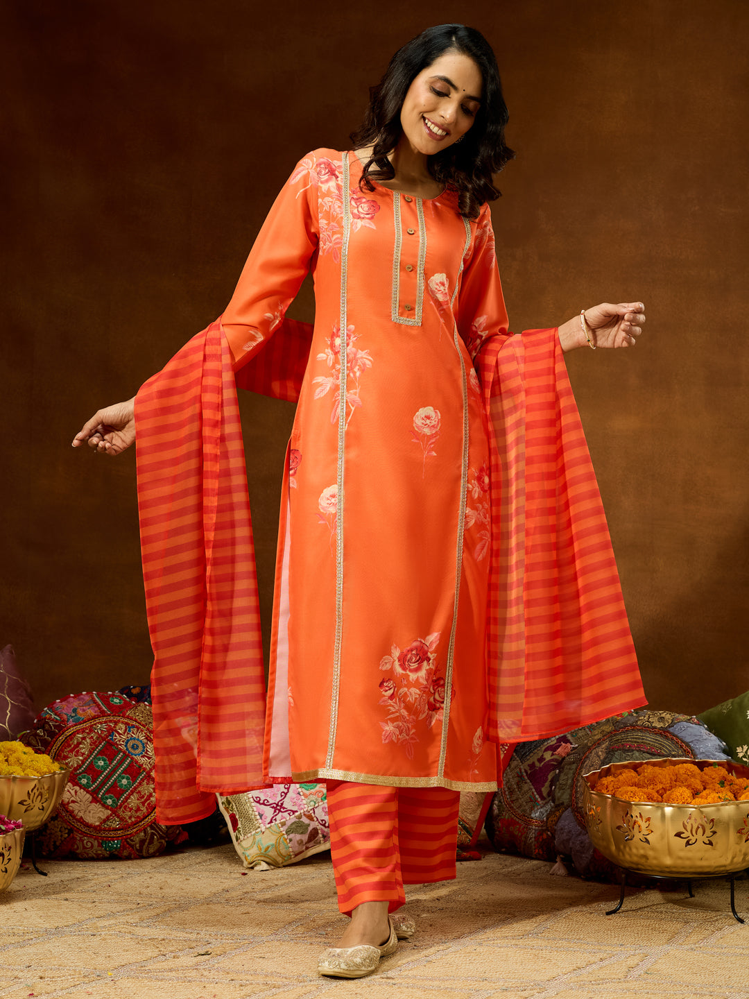 Janasya Women's Orange Cotton Blend Embellished Straight Kurta Set