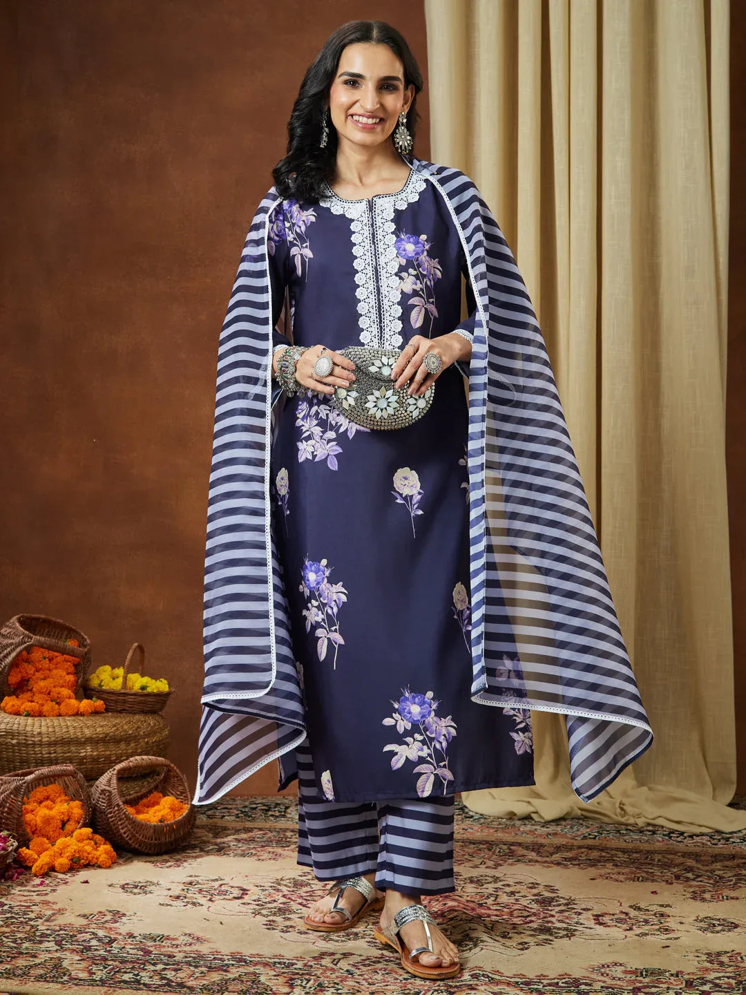 Janasya Women's Purple Cotton Blend Floral Printed Straight Kurta Set