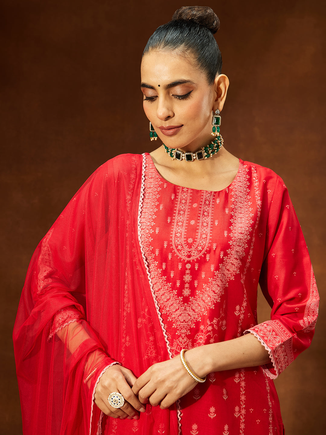 Janasya Women's Red Silk Blend Ethnic Printed Straight Kurta Set