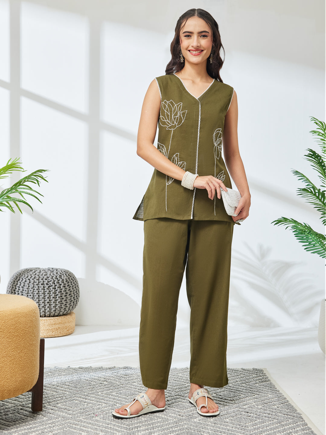 Janasya Women's Olive Linen Cotton Embroidered Straight Co-Ord Set