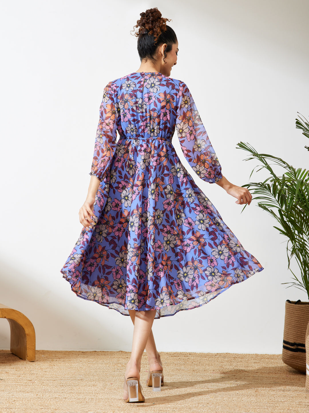 Janasya Women's Lavender Georgette Floral Printed A-line Dress