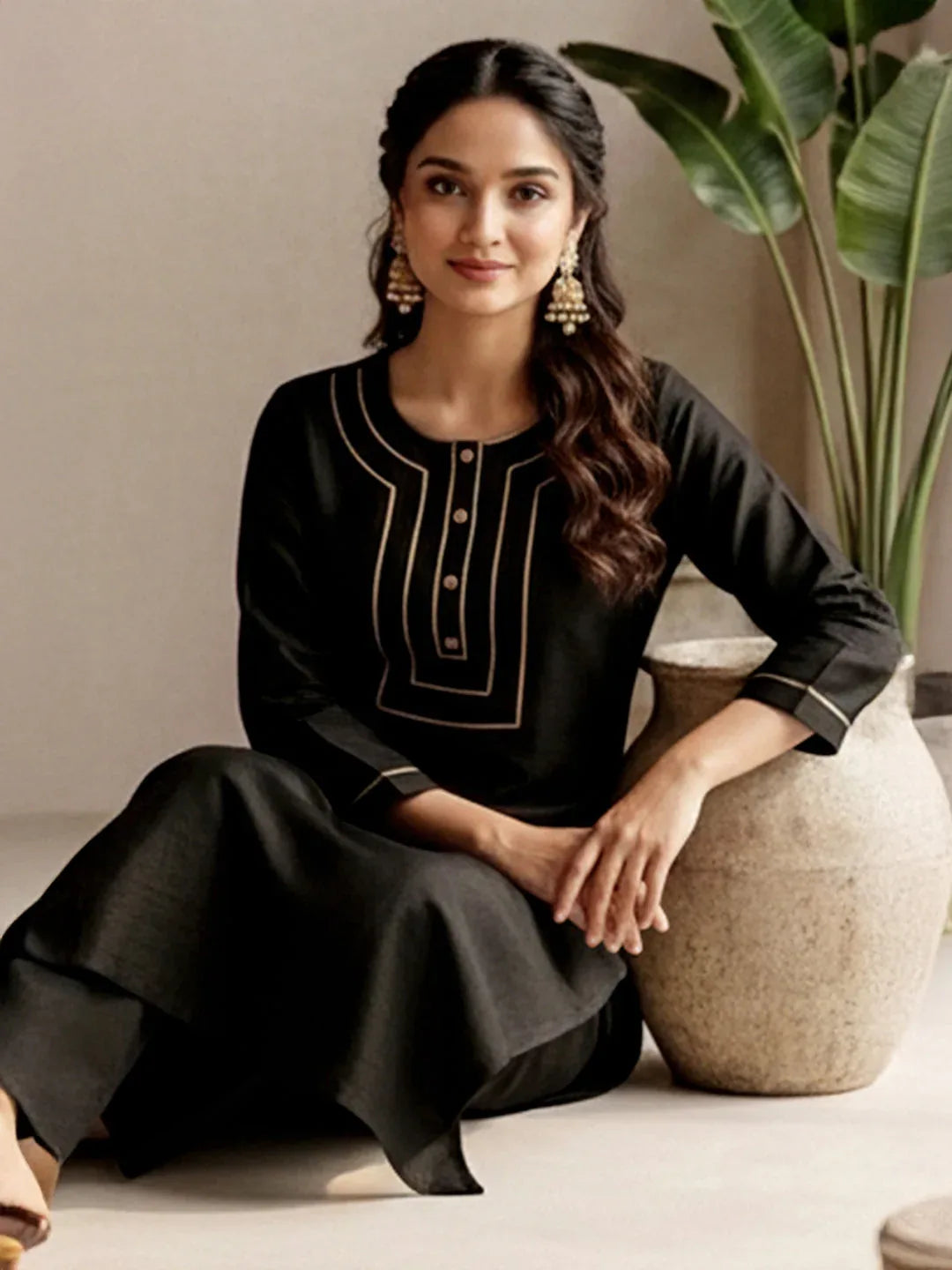 Janasya Women's Black Color Crepe Silk Solid Straight Kurta Pant Set