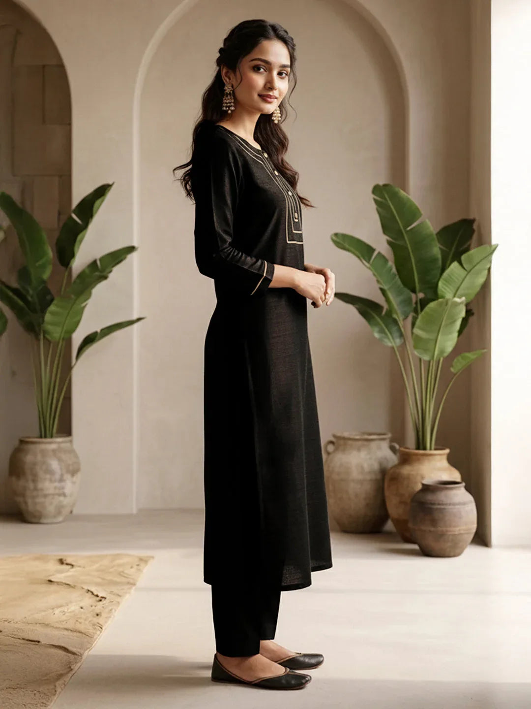 Janasya Women's Black Color Crepe Silk Solid Straight Kurta Pant Set