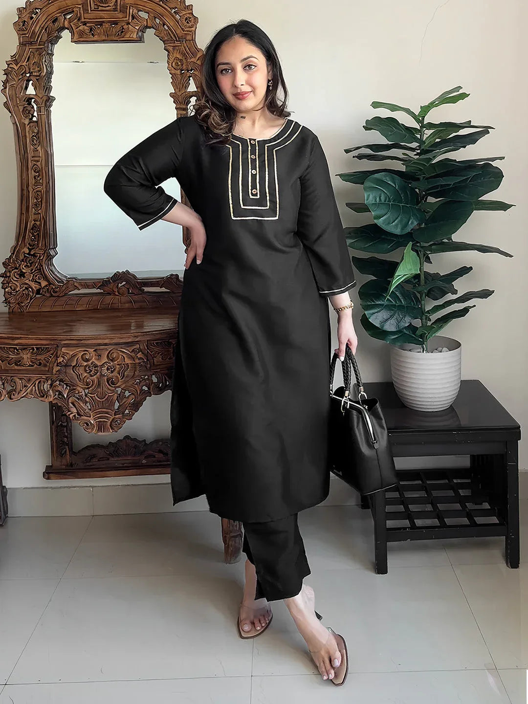 Janasya Women's Black Color Crepe Silk Solid Straight Kurta Pant Set