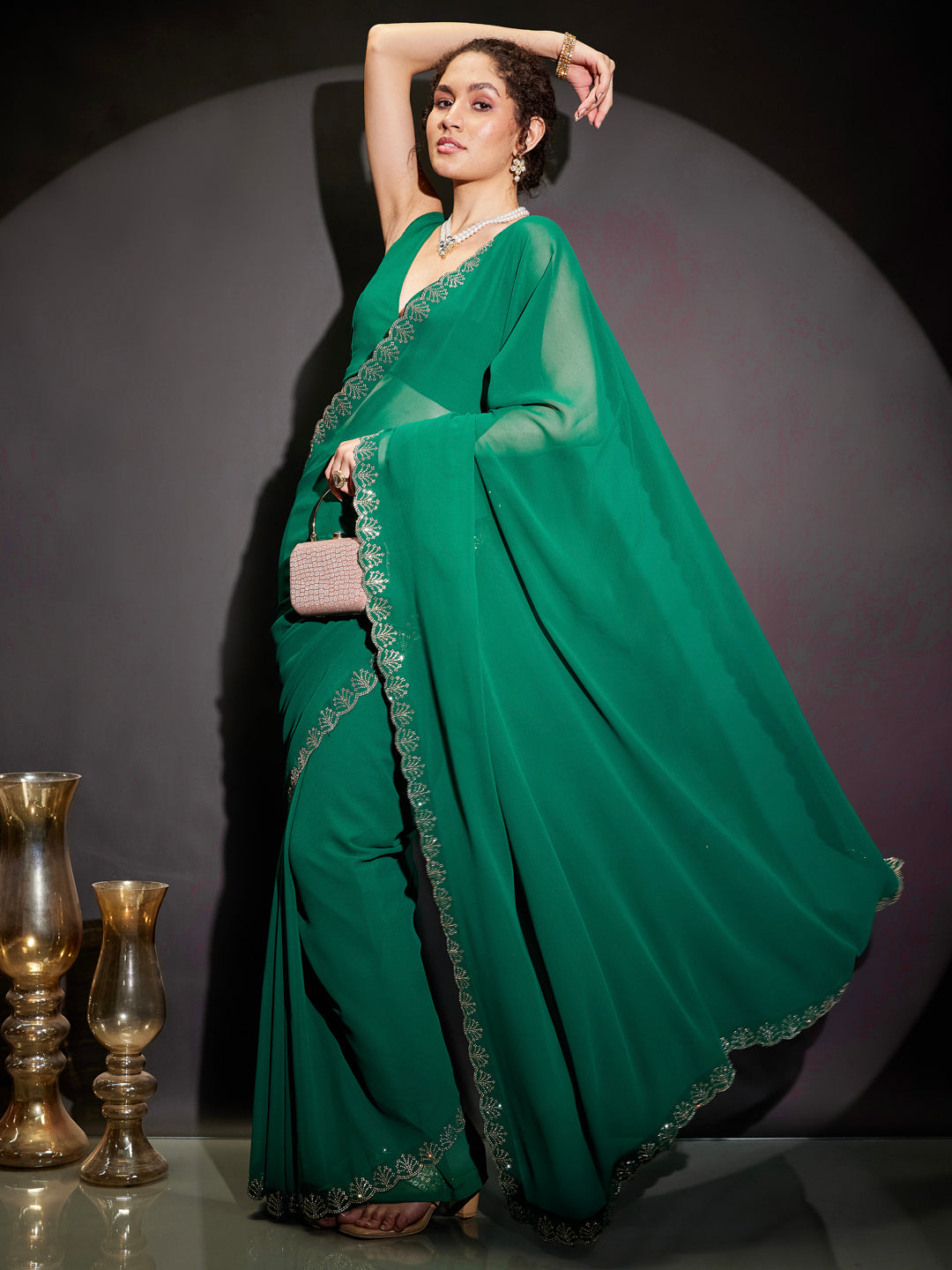 Janasya Women's Green Georgette One-Minute Ready-to-Wear Embellished Saree with Unstitched Blouse