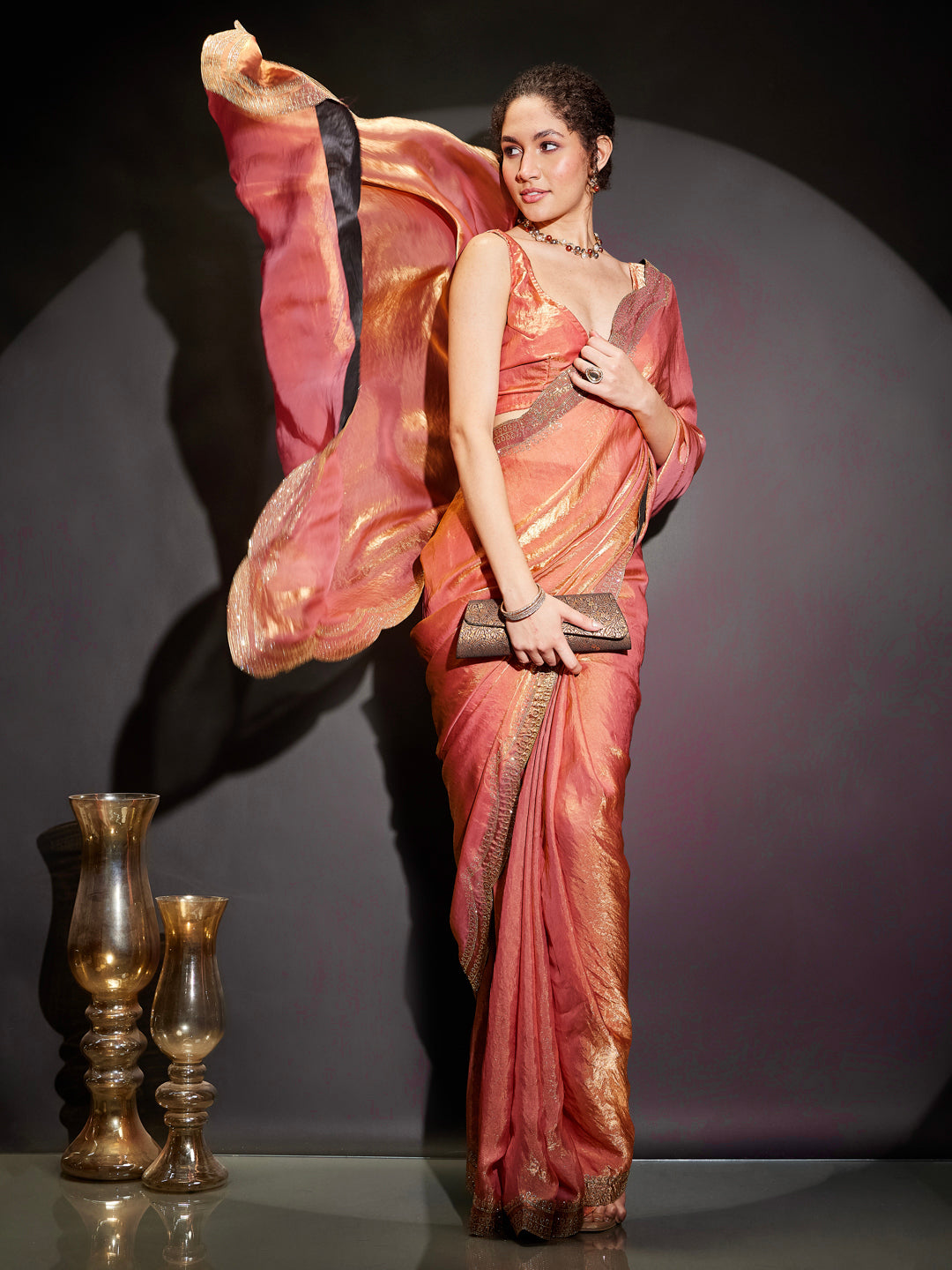 Janasya Women's Peach Tissue Silk One-Minute Ready-to-Wear Embellished Saree with Unstitched Blouse