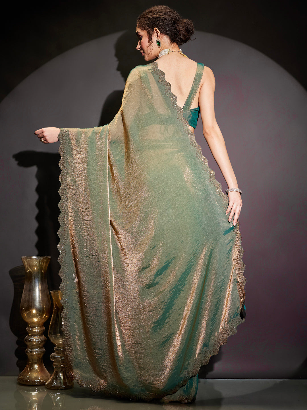 Janasya Women's Green & Gold Tissue Silk One-Minute Ready-to-Wear Embellished Saree with Unstitched Blouse
