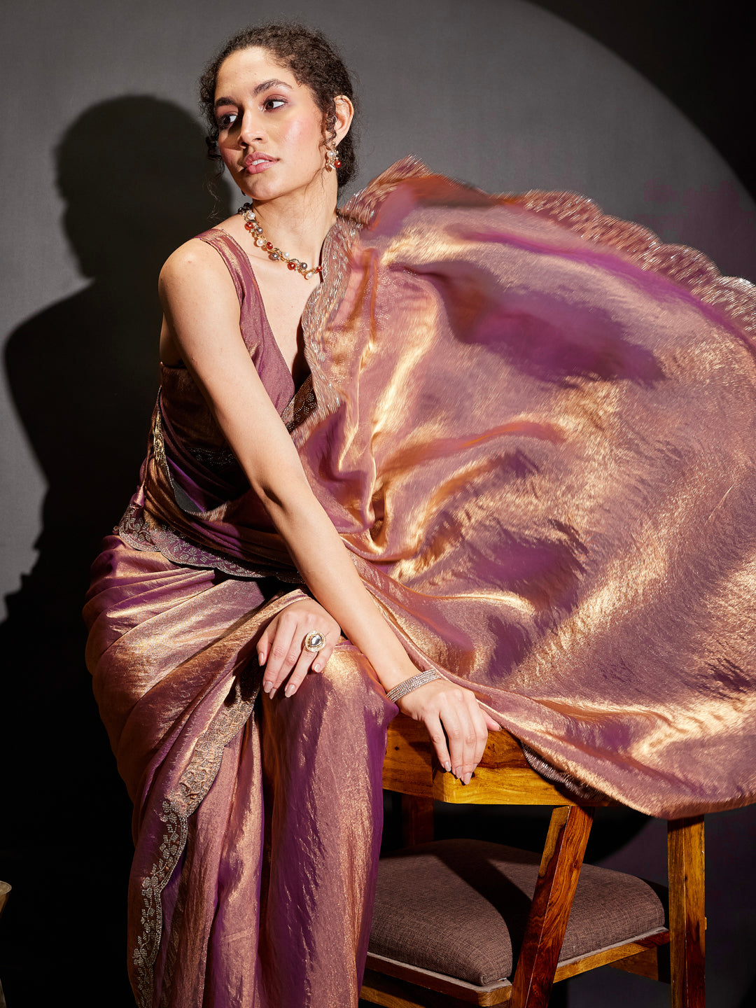 Janasya Women's Purple & Gold Tissue Silk One-Minute Ready-to-Wear Embellished Saree with Unstitched Blouse