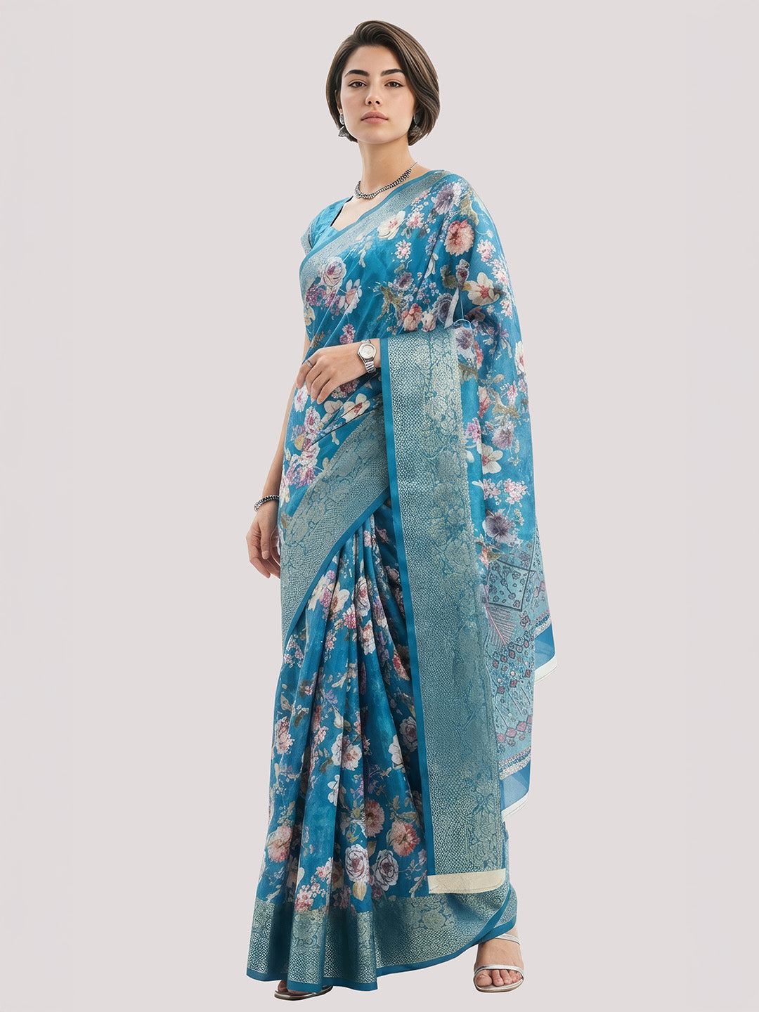 Janasya Women's Royal Blue Silk Blend Ready To Wear Floral Printed Saree With Unstitched Blouse