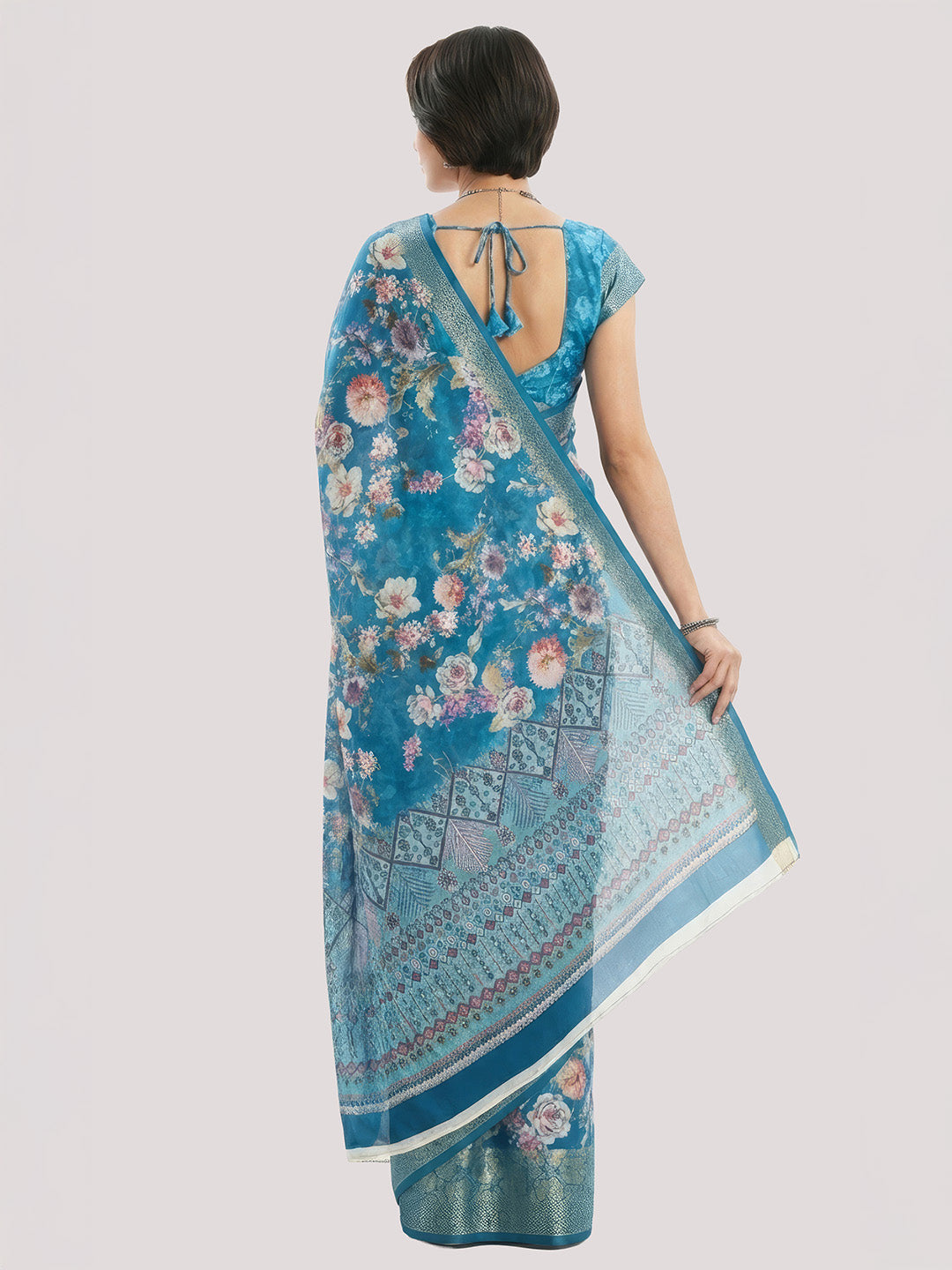 Janasya Women's Royal Blue Silk Blend Ready To Wear Floral Printed Saree With Unstitched Blouse