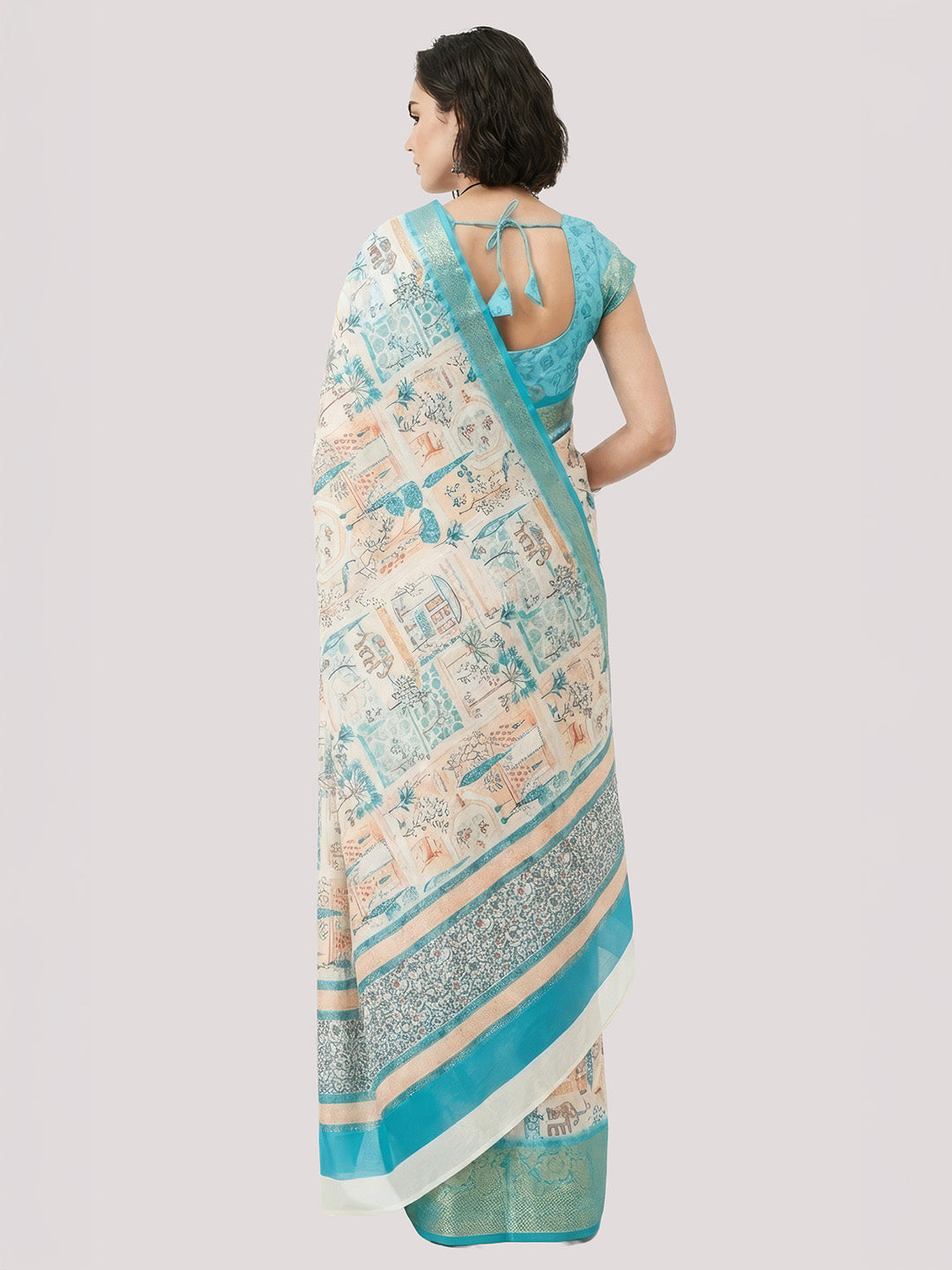 Janasya Women's Cream Silk Blend Ready To Wear Tropical Printed Saree With Unstitched Blouse