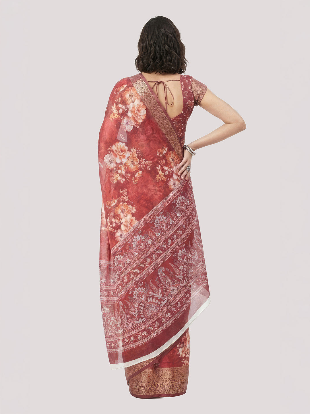 Janasya Women's Maroon Silk Blend Ready To Wear Floral Printed Saree With Unstitched Blouse